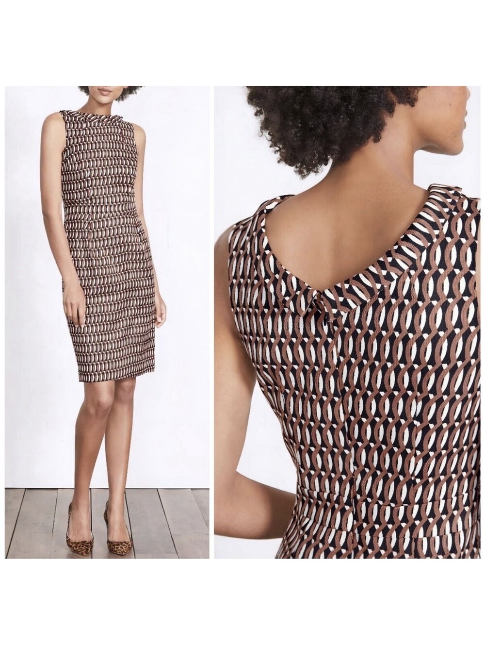 Boden Martha Sleeveless Dress Size US 10 L Black White Brown Retro Style Sheath